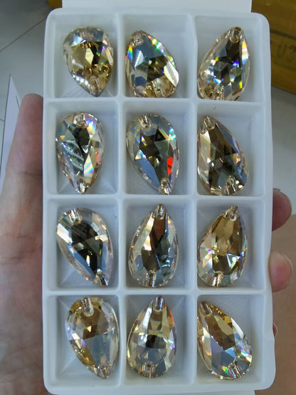 K9 Glass Double Hole DIY Clothing Rhinestones - Oval Shaped Sew-on Stone Chamfered Diamonds Flat Bottom for Hat Garment