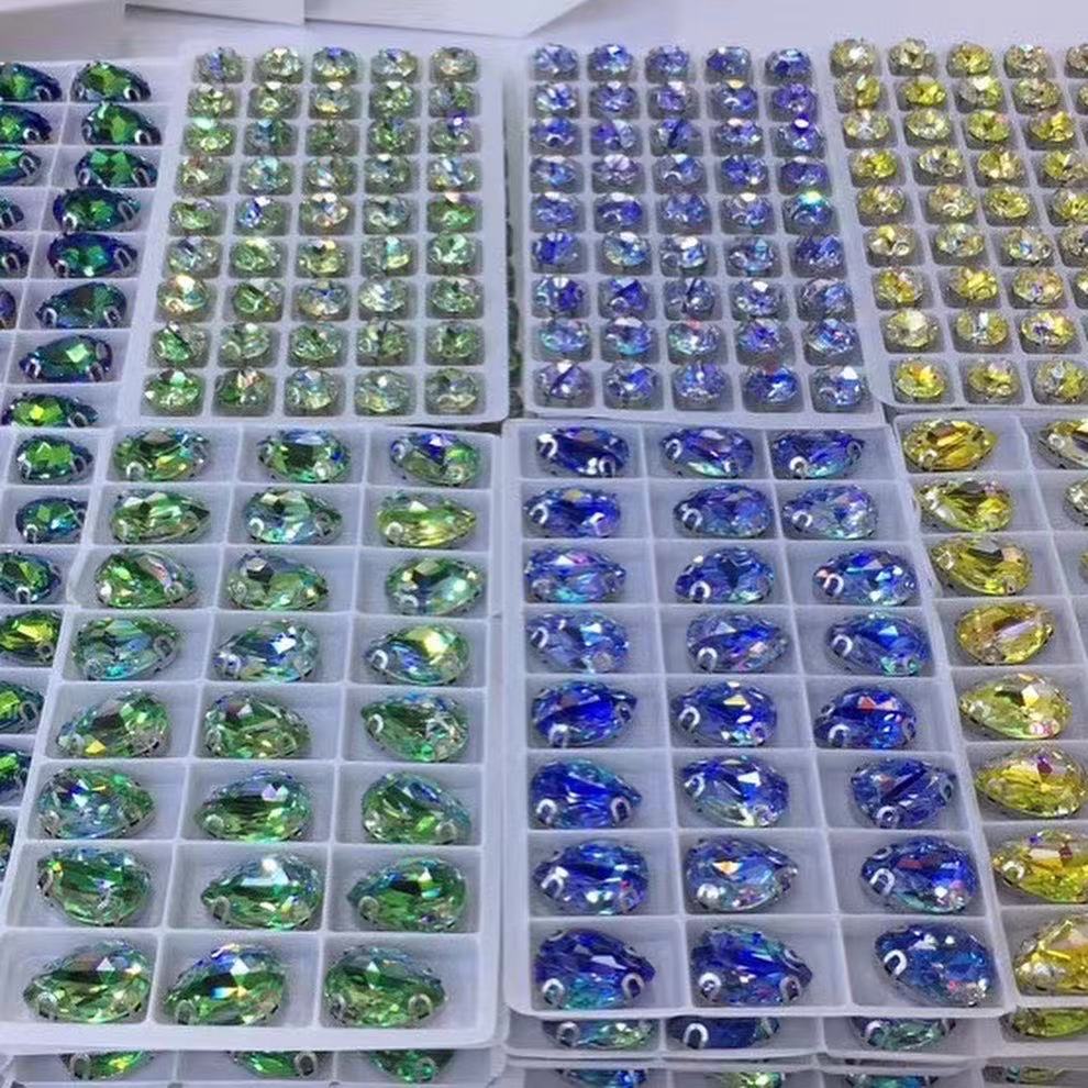 K9 Glass Double Hole DIY Clothing Rhinestones - Oval Shaped Sew-on Stone Chamfered Diamonds Flat Bottom for Hat Garment